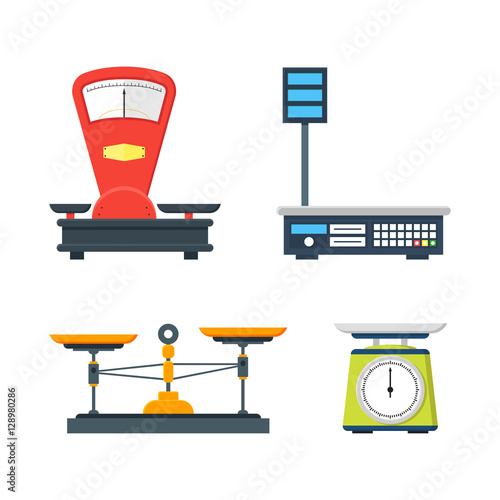 Flat store weigher. Collection of electronic and mechanical scales for shop. Business sale objects. Measurement of grocery products. Isolated on white vector illustration.