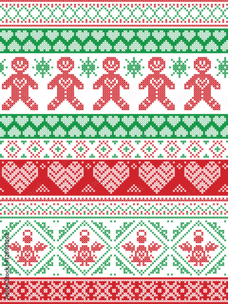 Scandinavian, festive winter seamless pattern in cross stitch with Gingerbread man, snowflake, decoration elements, angel, hearts and decorative ornaments in red, green and white
Scandinavian, festive winter seamless pattern in cross stitch with Gingerbread man, snowflake, decoration elements, angel, hearts and decorative ornaments in red, green and white