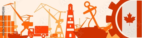 Cargo port relative icons set. Canada flag in gear. Vector illustration for web banner or header