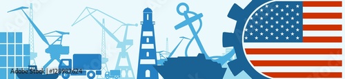 Cargo port relative icons set. USA flag in gear. Vector illustration for web banner or header