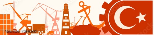 Cargo port relative icons set. Turkey flag in gear. Vector illustration for web banner or header