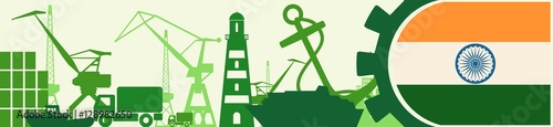 Cargo port relative icons set. India flag in gear. Vector illustration for web banner or header