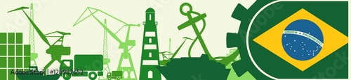 Cargo port relative icons set. Brazil flag in gear. Vector illustration for web banner or header