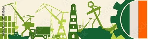 Cargo port relative icons set. Ireland flag in gear. Vector illustration for web banner or header