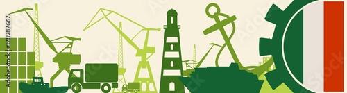 Cargo port relative icons set. Italy flag in gear. Vector illustration for web banner or header