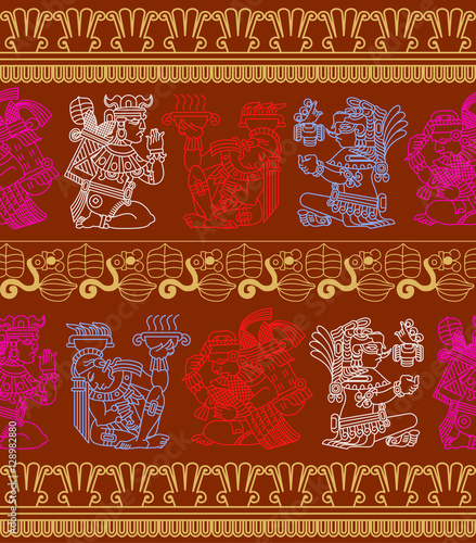 Vector illustration aztec pattern cacao tree,leaves, warriors and decorative borders