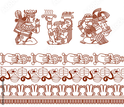 aztec pattern cacao tree,leaves, warriors and decorative borders