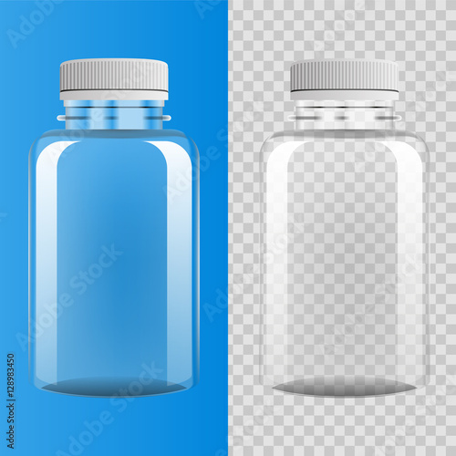 Transparent plastic bottle on blue and transparent background, vector illustration