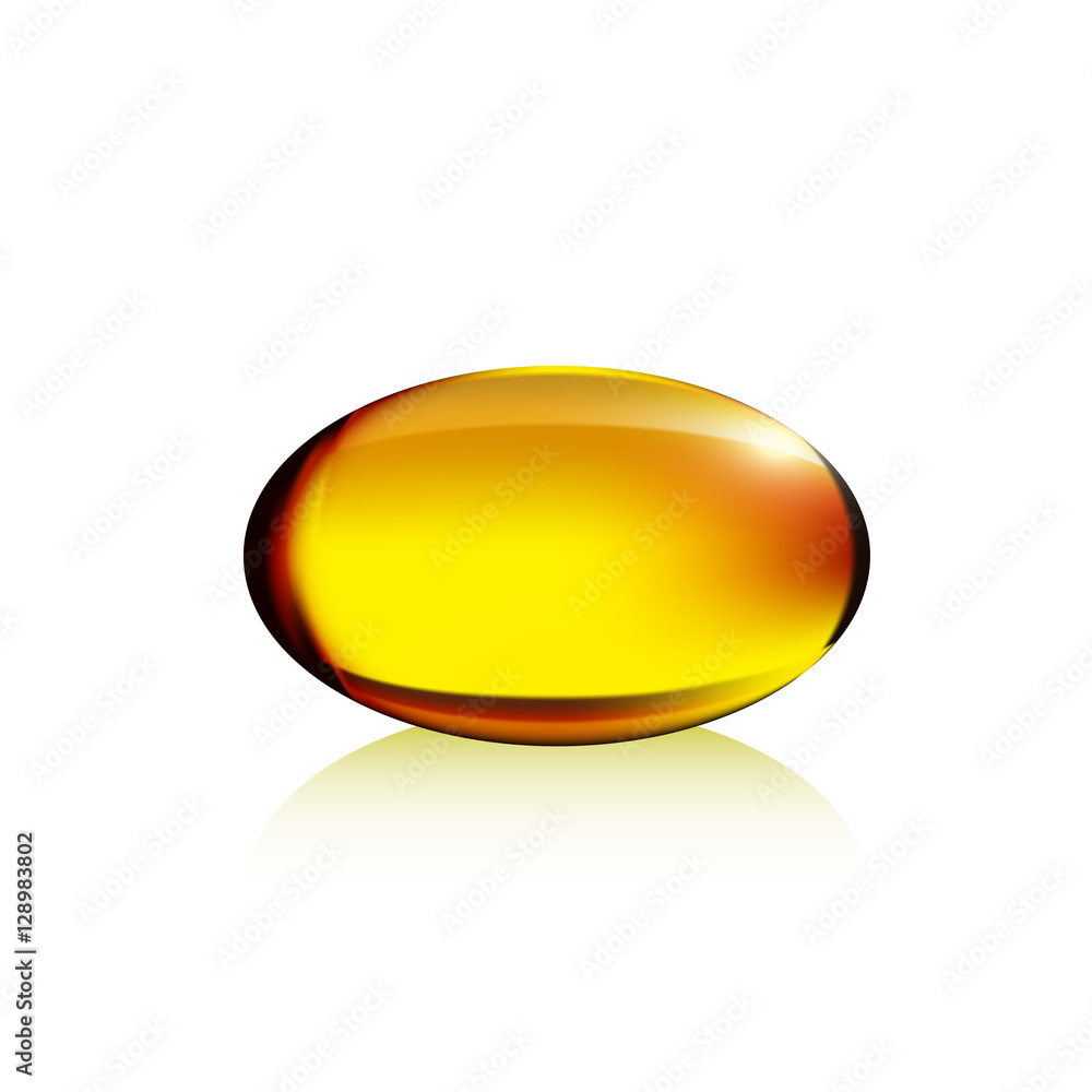 Realistic yellow gelatin capsule isolated on white, vector illustration, vitamin Realistic yellow gelatin capsule isolated on white, vector illustration, vitamin
