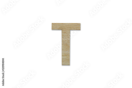 english alphabet T made from wood isolated on white background