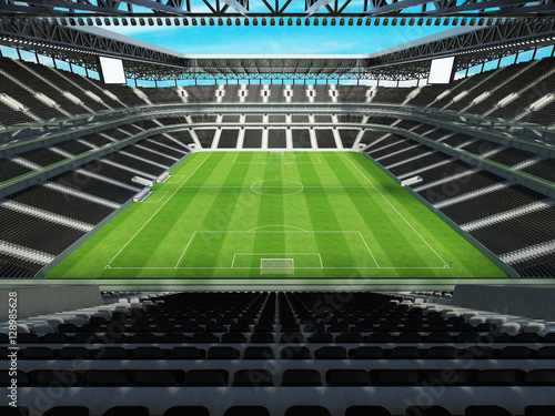 3D render of a large capacity soccer-football Stadium with an open roof and black seats