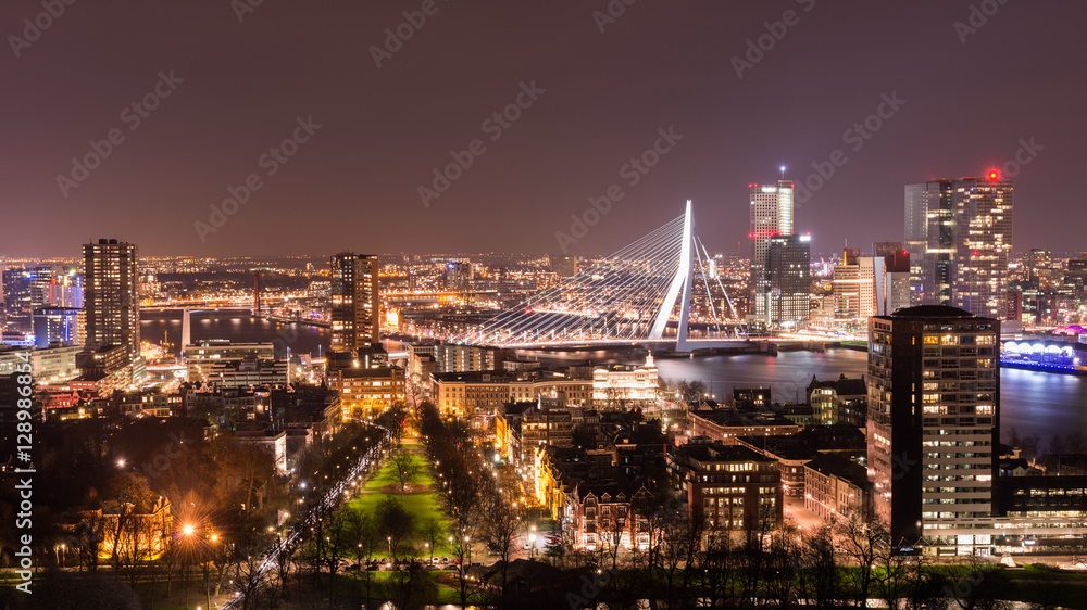 Skyline of the city of Rotterdam, Europe, seen from above by night