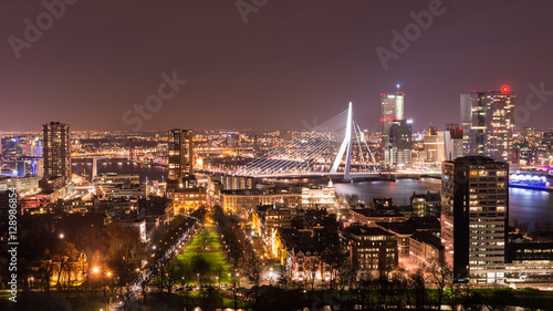 Skyline of the city of Rotterdam, Europe, seen from above by night