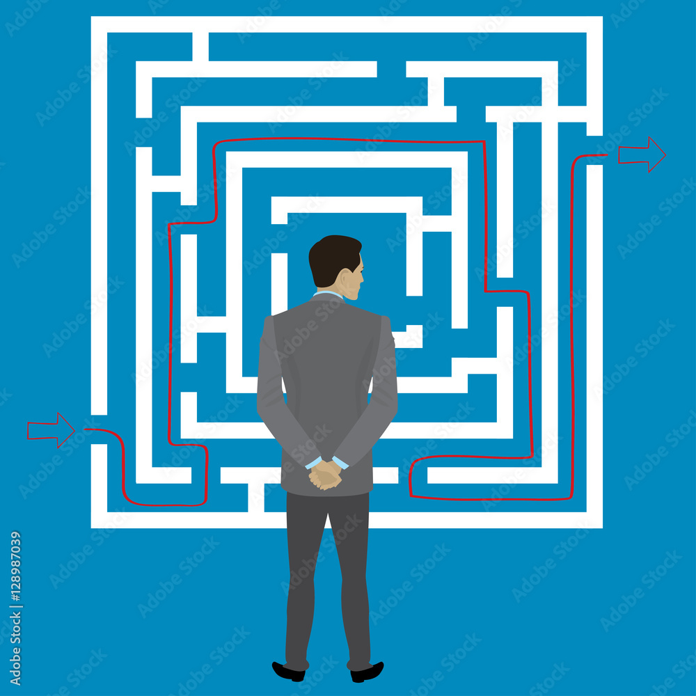 Businessman standing in front of a maze with a solution to succe Businessman standing in front of a maze with a solution to succe