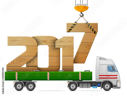 Crane loads New Year 2017 of wood. Big wooden year number in back of truck. Vector illustration for new years day, christmas, transportation, winter holiday, new years eve, trucking, silvester, etc