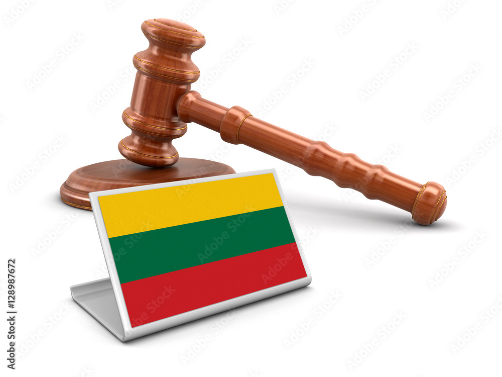 3d wooden mallet and Lithuanian flag. Image with clipping path