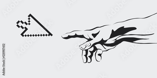 vector concept of the creation of the Internet, communication, creation of virtual reality, human hand, hand, interpretation, creation of a new world, artificial intelligence, computer arrow