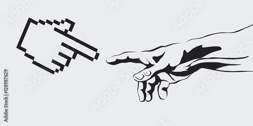 vector concept of the creation of the Internet, virtual reality, artificial intelligence, Artificial Intelligence concept copy space area. human hand reaches for a computer hand