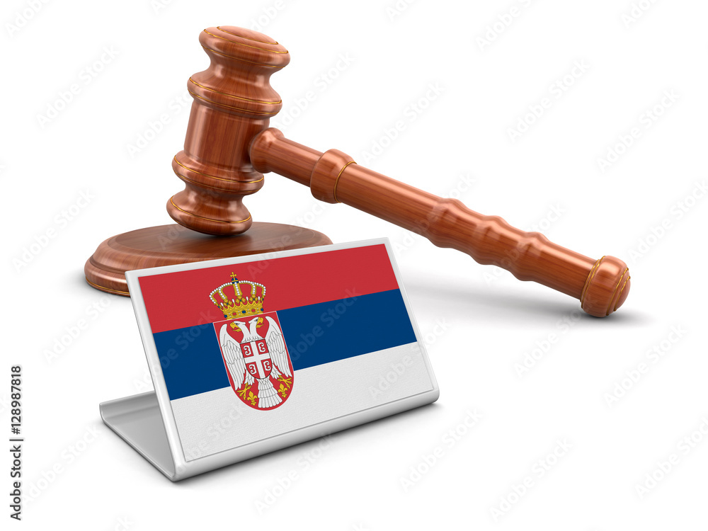 3d wooden mallet and Serbian flag. Image with clipping path