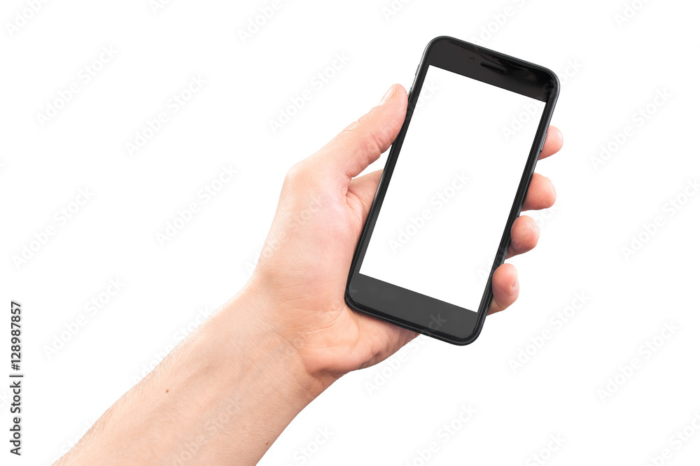 Male hand holding smartphone. Isolated on white Male hand holding smartphone. Isolated on white