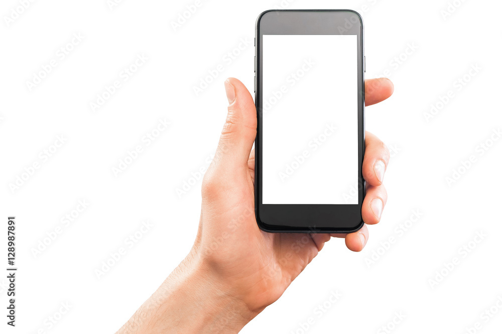 Male hand holding smartphone. Isolated on white Male hand holding smartphone. Isolated on white