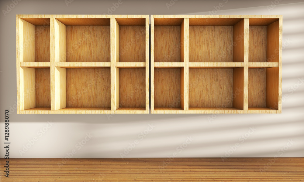 Realistic wooden empty shelf 3d render