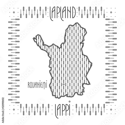 Map of Finnish Lapland region with names of the region and its main city in English and Finnish. Concept for a Visit Finland brochure in Nordic art deco style. Vector illustration.