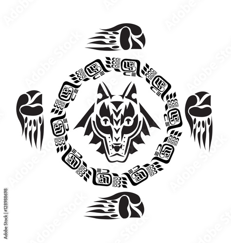 Vector illustration seamless geometric pattern with  wolf head in american indian folk style.