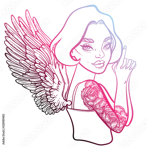 criminal beautiful girl with guns. vector illustration with sexy girl, tattoo style. line art. James Bond girl with beautiful wings. sexy angel with wings.