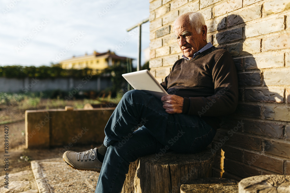 Senior man sitting on tree stump using tablet Senior man sitting on tree stump using tablet
