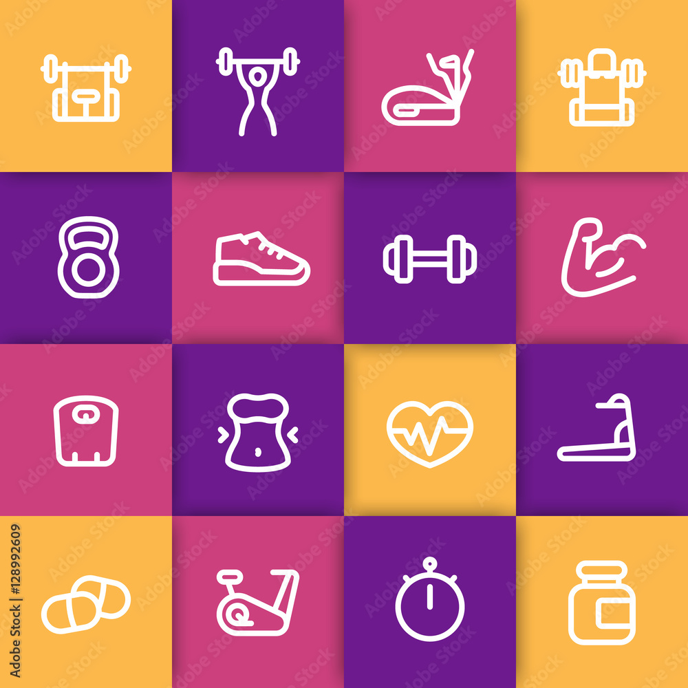 fitness and gym training line icons set, workout, exercise, trainers, sport nutrition, vector illustration fitness and gym training line icons set, workout, exercise, trainers, sport nutrition, vector illustration