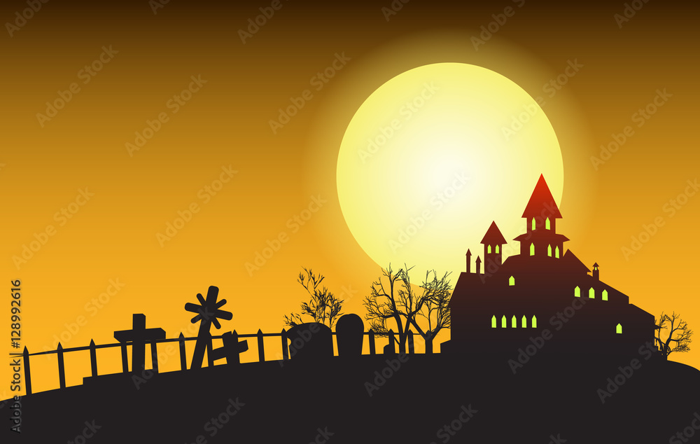 Halloween banner with a dark house, a cemetery, trees and moon in night sky.