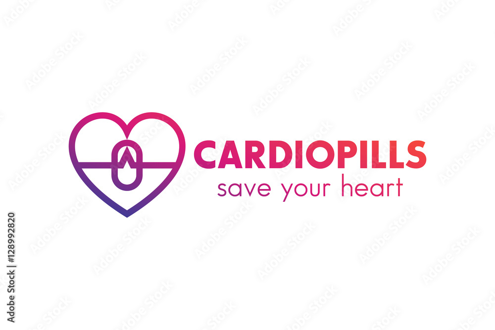 Heart pills logo design, medical, pharmacy, medicine symbol on white, vector illustration