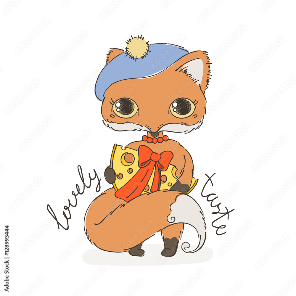 Naklejka premium Cute lovely fox with piece of cheese. Cartoon animal with a gift.