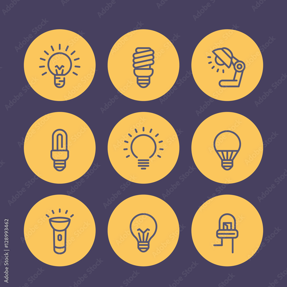 light bulbs line icons, LED, fluorescent, CFL, halogen light bulbs line icons, LED, fluorescent, CFL, halogen