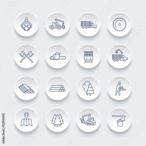 Logging line icons set, forest harvester, logging truck, lorry, chainsaw, lumber, sawmill