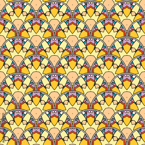 Patch Boho Flower Seamless Pattern. Mandala patchwork, oriental design. Wallpaper, furniture textile, fabric print, tile deco.