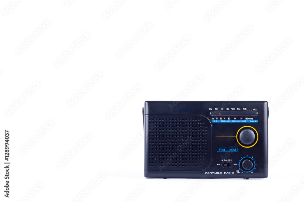 AM, FM portable radio transistor receiver of old black vintage retro style on white background isolated
AM, FM portable radio transistor receiver of old black vintage retro style on white background isolated