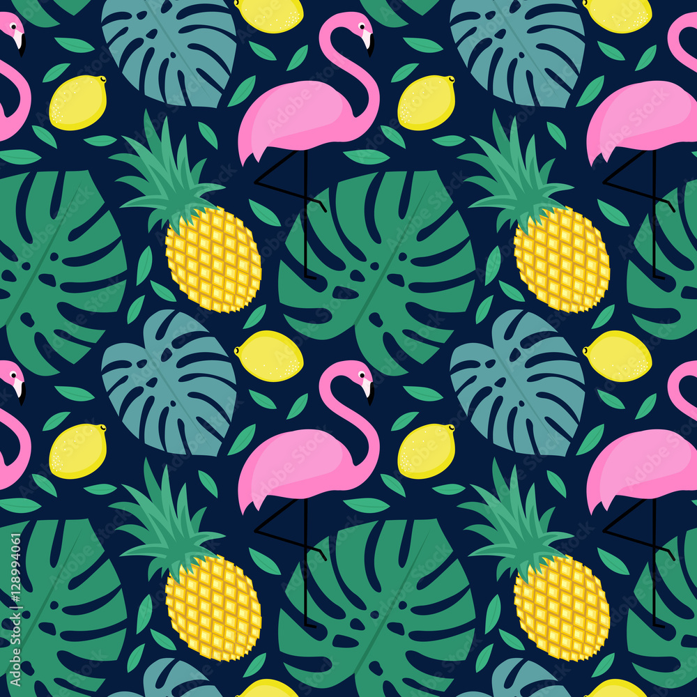 Seamless pattern with flamingo, pineapple, lemon and green palm leaves on dark blue background. Tropical monstera leaves illustration with fruits and exotic bird.Fashion design for textile, wallpaper. Seamless pattern with flamingo, pineapple, lemon and green palm leaves on dark blue background. Tropical monstera leaves illustration with fruits and exotic bird.Fashion design for textile, wallpaper.