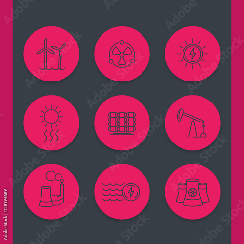 Power, energy production line icons set, solar, wind, nuclear energetics
