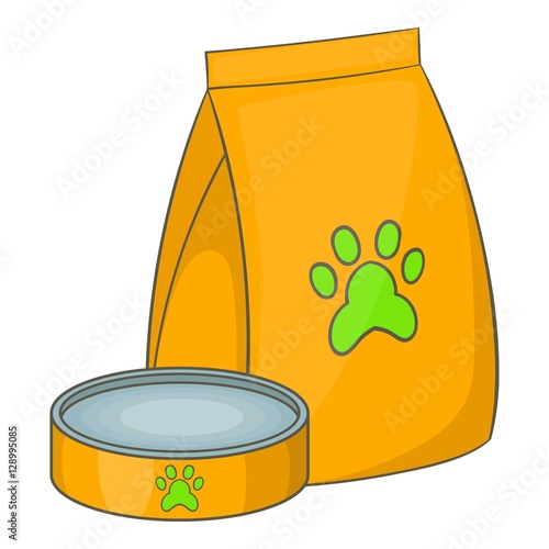 Bag of food for pets and food bowl and icon. Cartoon illustration of bag of food for pets and food bowl vector icon for web
