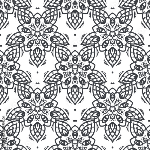Patch Boho Flower Seamless Pattern. Mandala patchwork, oriental design. Wallpaper, furniture textile, fabric print, tile deco.