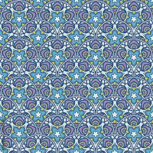 Patch Boho Flower Seamless Pattern. Mandala patchwork, oriental design. Wallpaper, furniture textile, fabric print, tile deco.