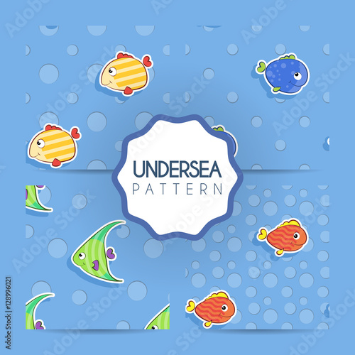 Set of vector seamless patterns of sea with yellow, green, blue and red smiley fish. Pattern for children.