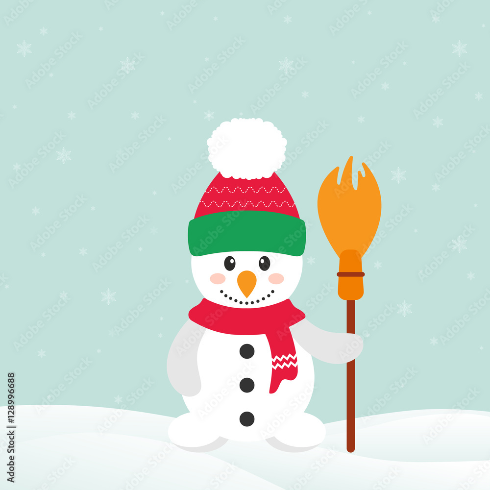 Fototapeta premium cute snowman with hat and broom and snow