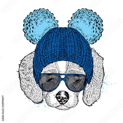 Cute puppy wearing a hat and sunglasses. Illustration for a card or poster. Vector illustration. Dog.