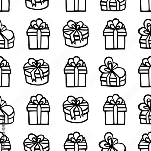 Hand drawn gifts with ribbons. Seamless vector pattern in sketch style