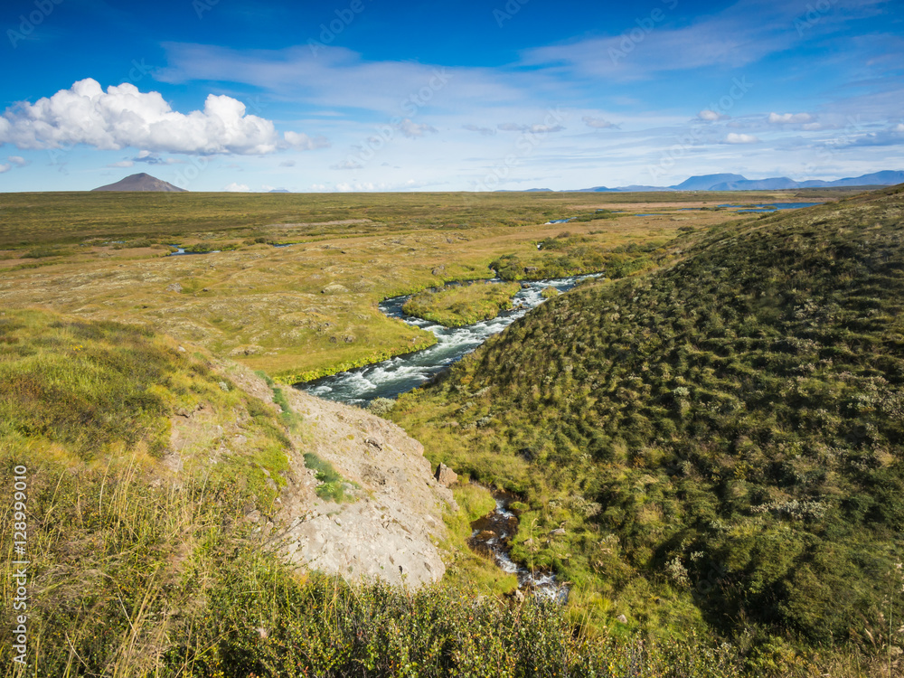 Blue river at green country in North Iceland