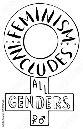 Feminism includes all genders. Feminism quote. Brush lettering.  Vector design..