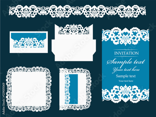 Set of  design elements for laser cutting vector. Wedding invitation or greeting card with flowers Wedding invitation envelope template.Mockup for laser cut. Laces vector.  Lace doily 